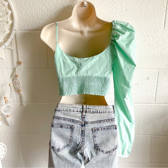 NWT Zara One Puff Shoulder Green Crop Top - Picture 10 of 16